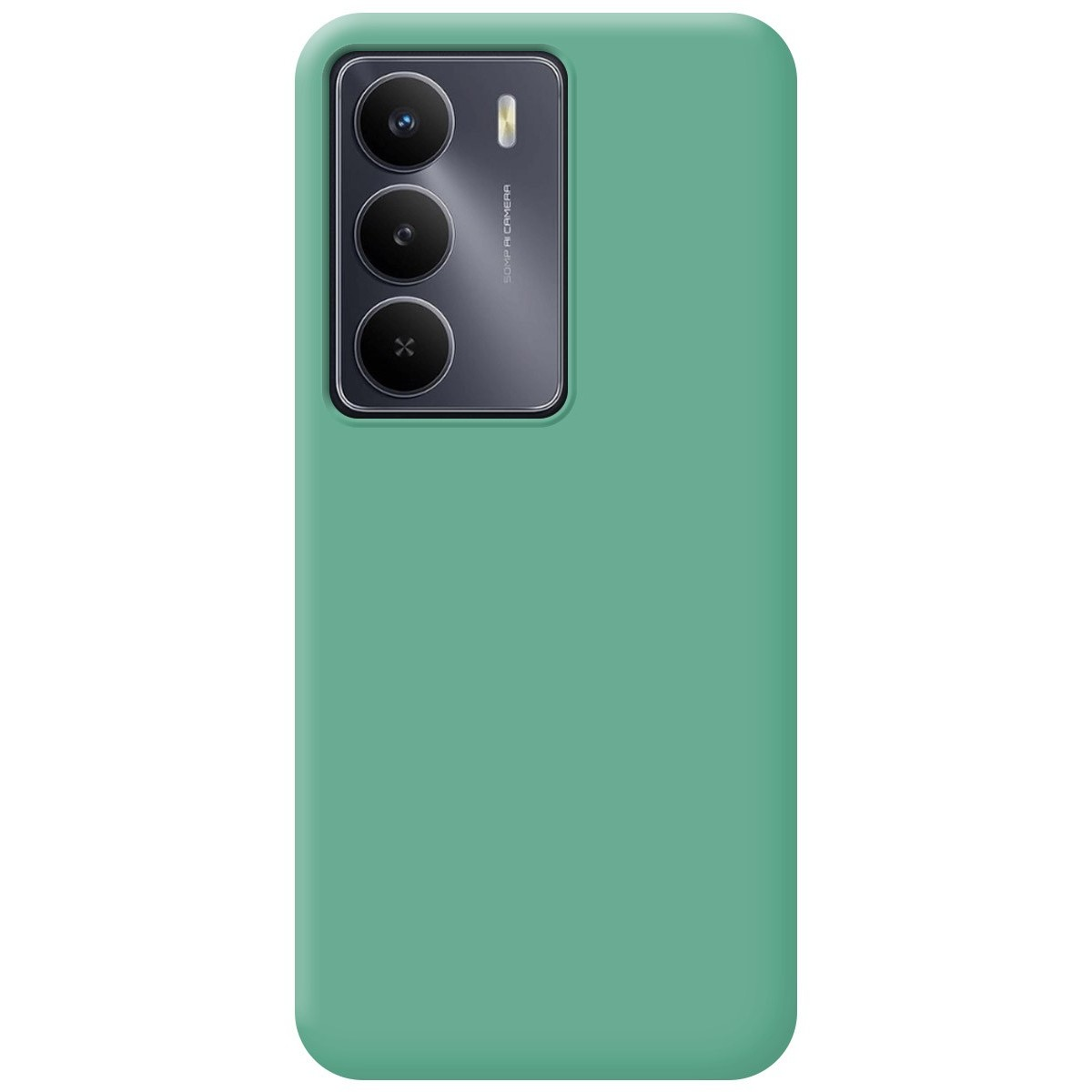 Custodia verde per telefono con tre lenti della fotocamera e un flash, adatta per uno smartphone.