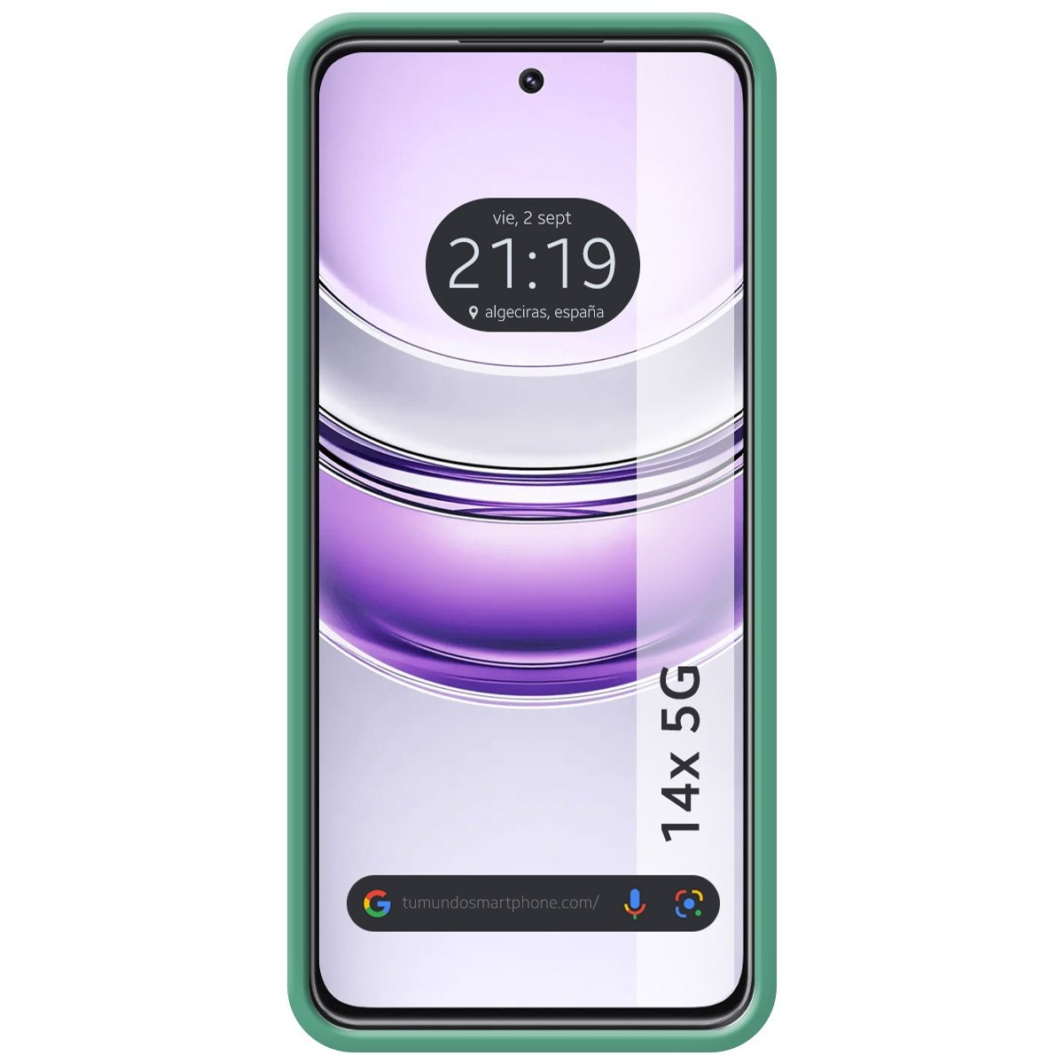 Uno schermo del telefono in una custodia verde. Lo schermo mostra l'ora, la posizione e un design astratto viola.
