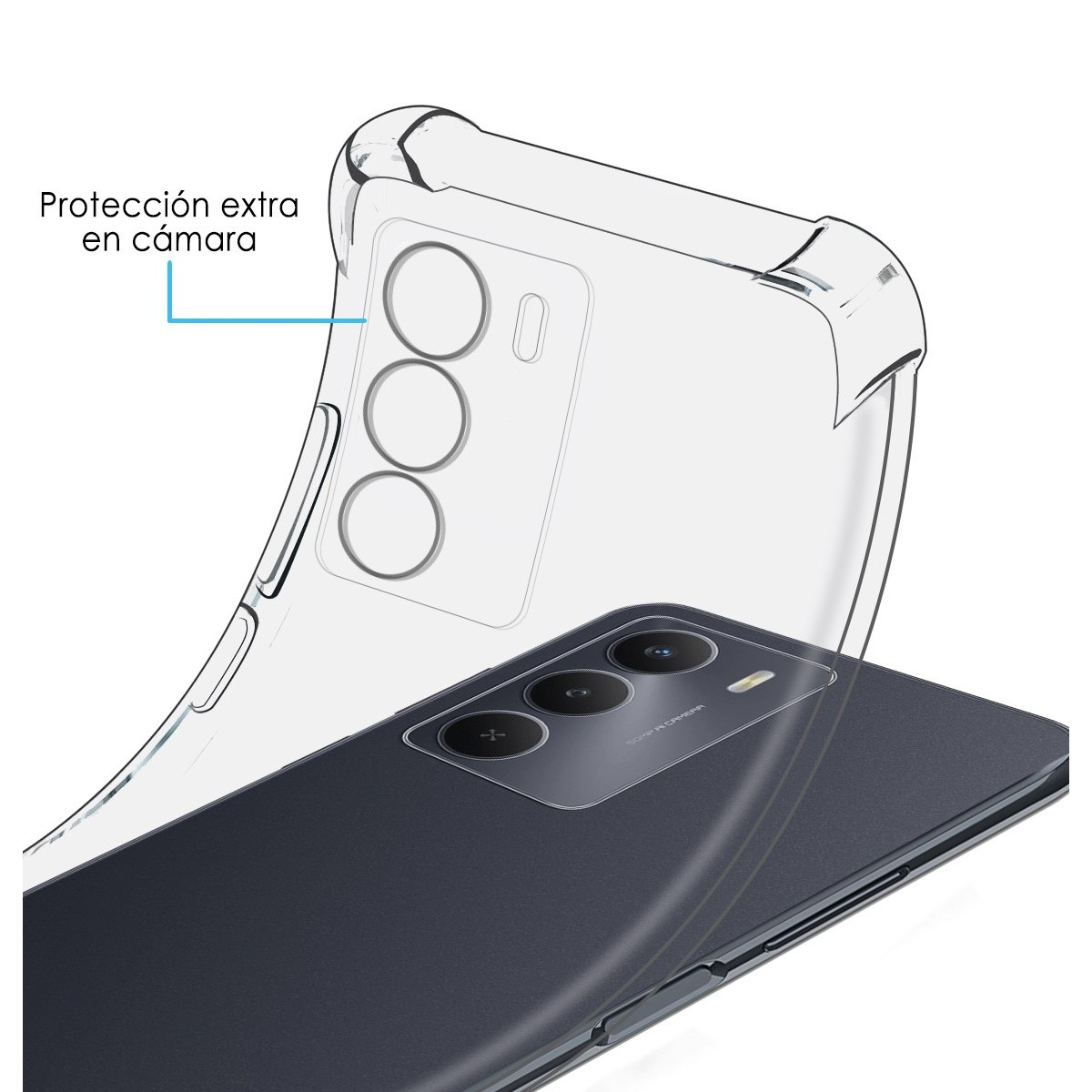 Custodia trasparente per telefono con un telefono e tre obiettivi.