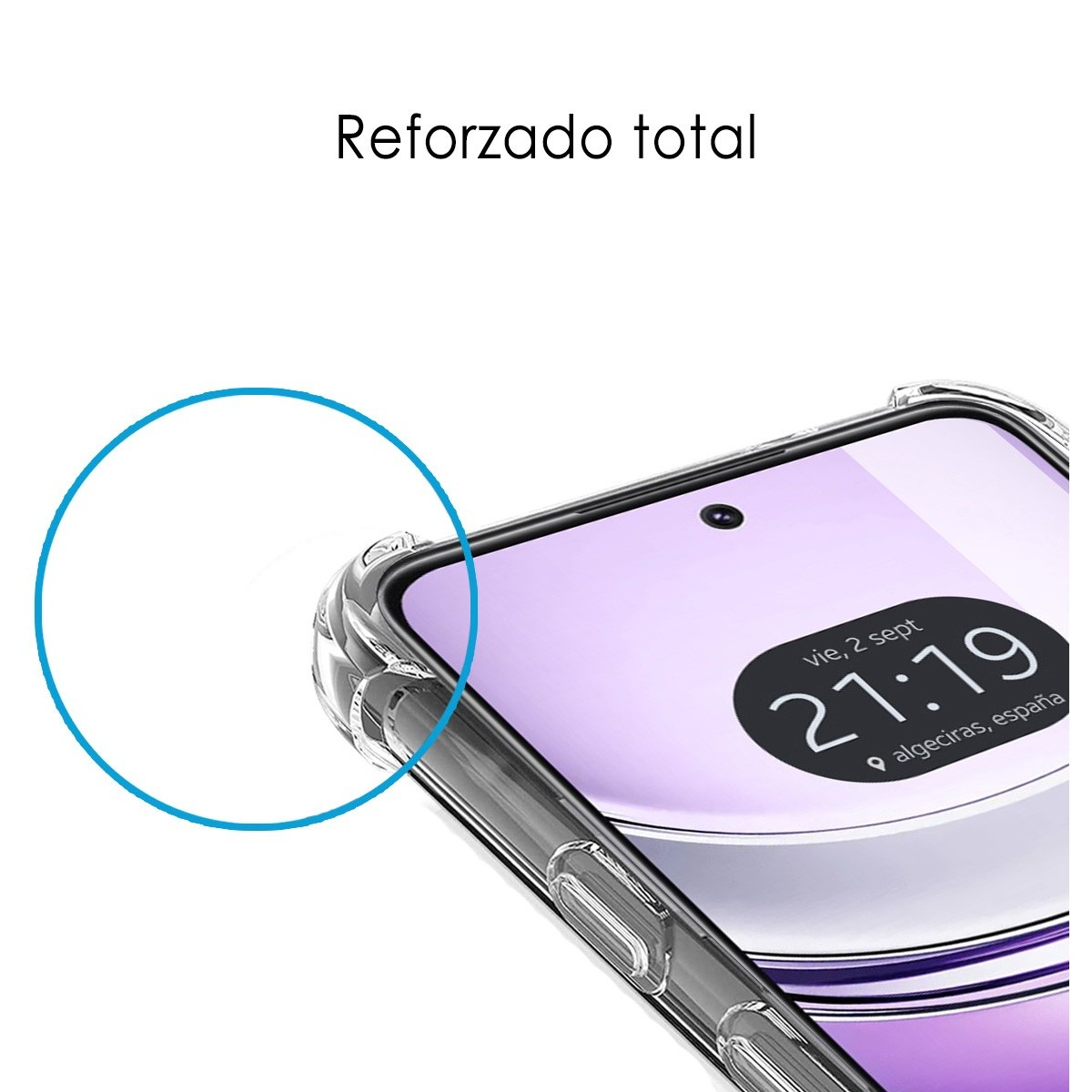 Primo piano del telefono in una custodia con testo in alto.
