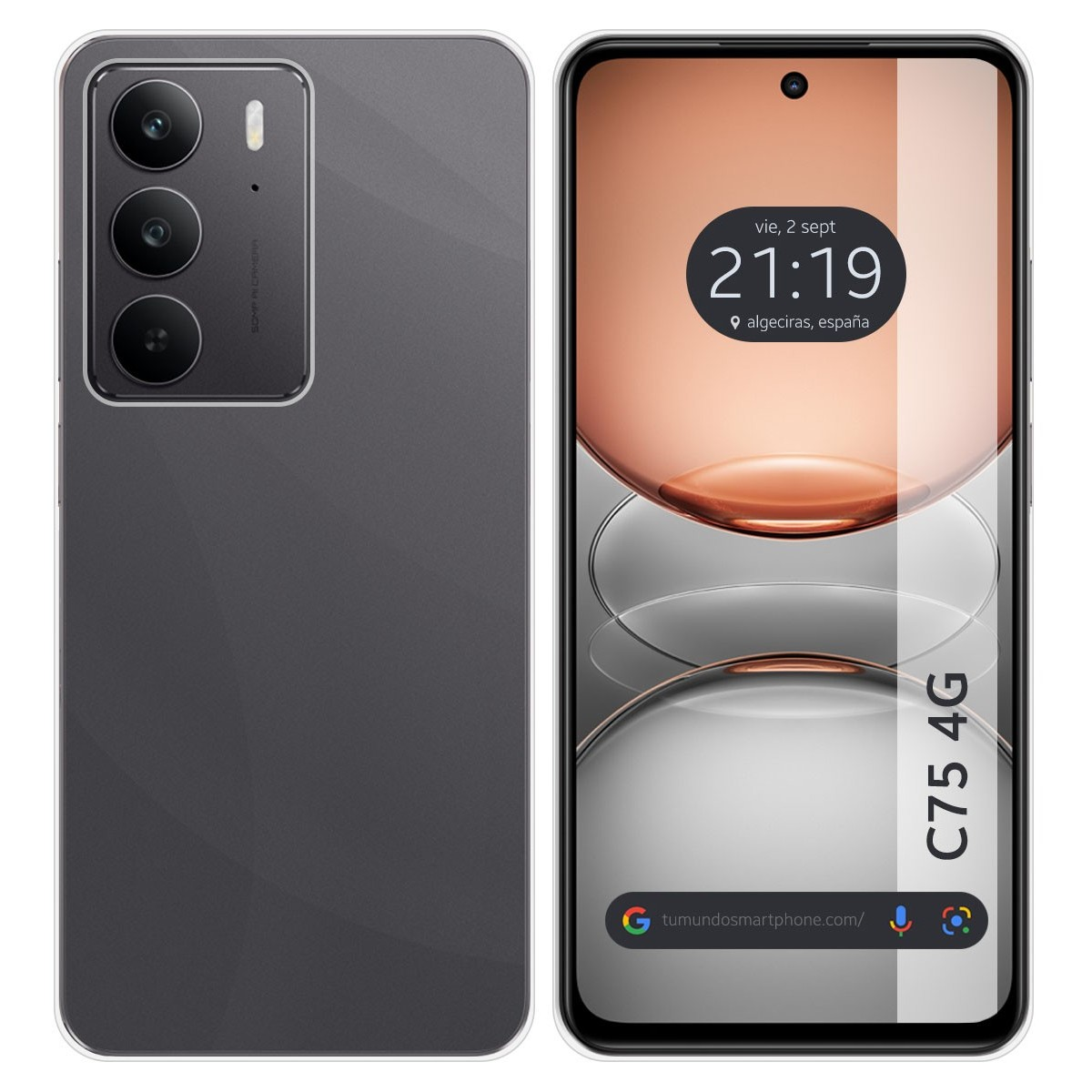 Custodia che mostra un telefono grigio scuro.