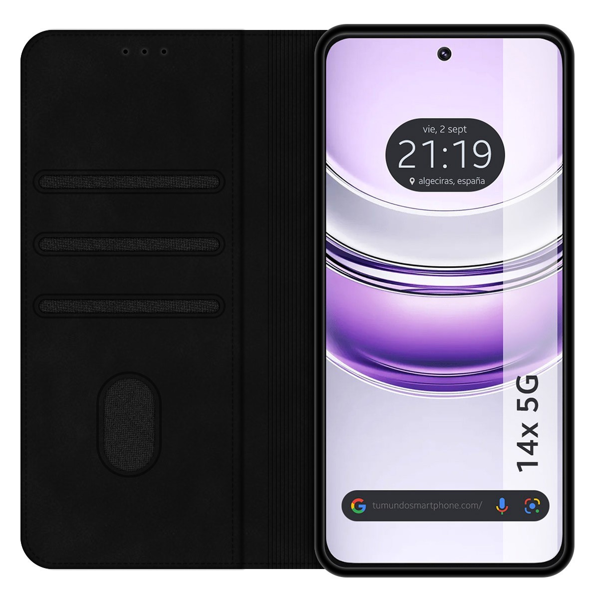 Custodia per telefono nera con ora e logo 14x 5G sullo schermo.