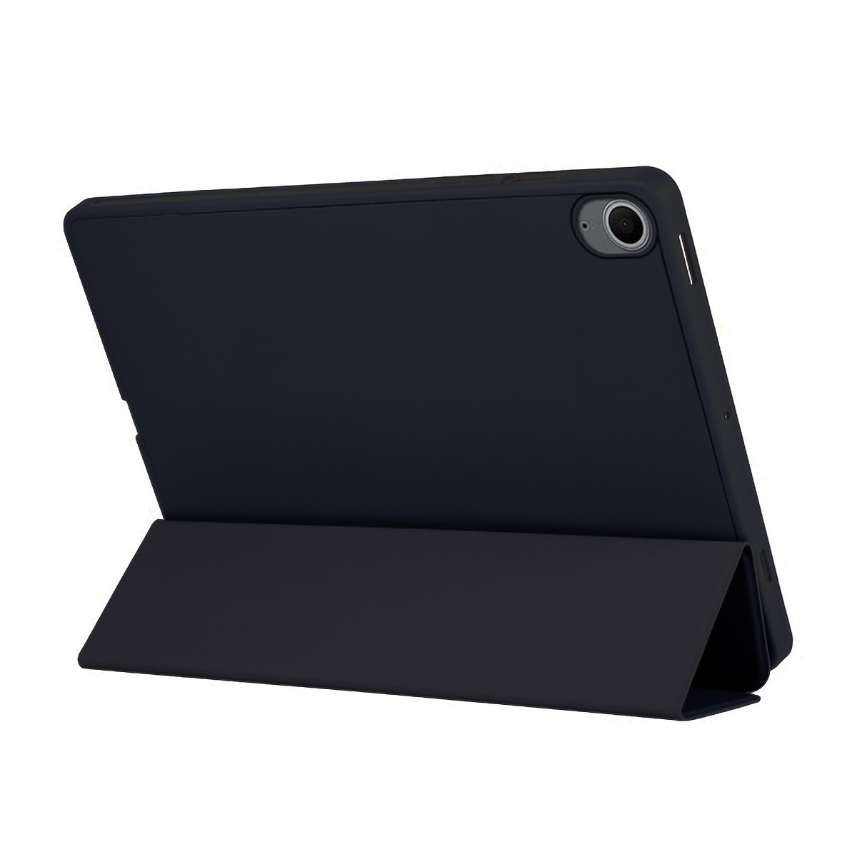 Funda negra para tableta con soporte plegado. Tableta visible dentro.