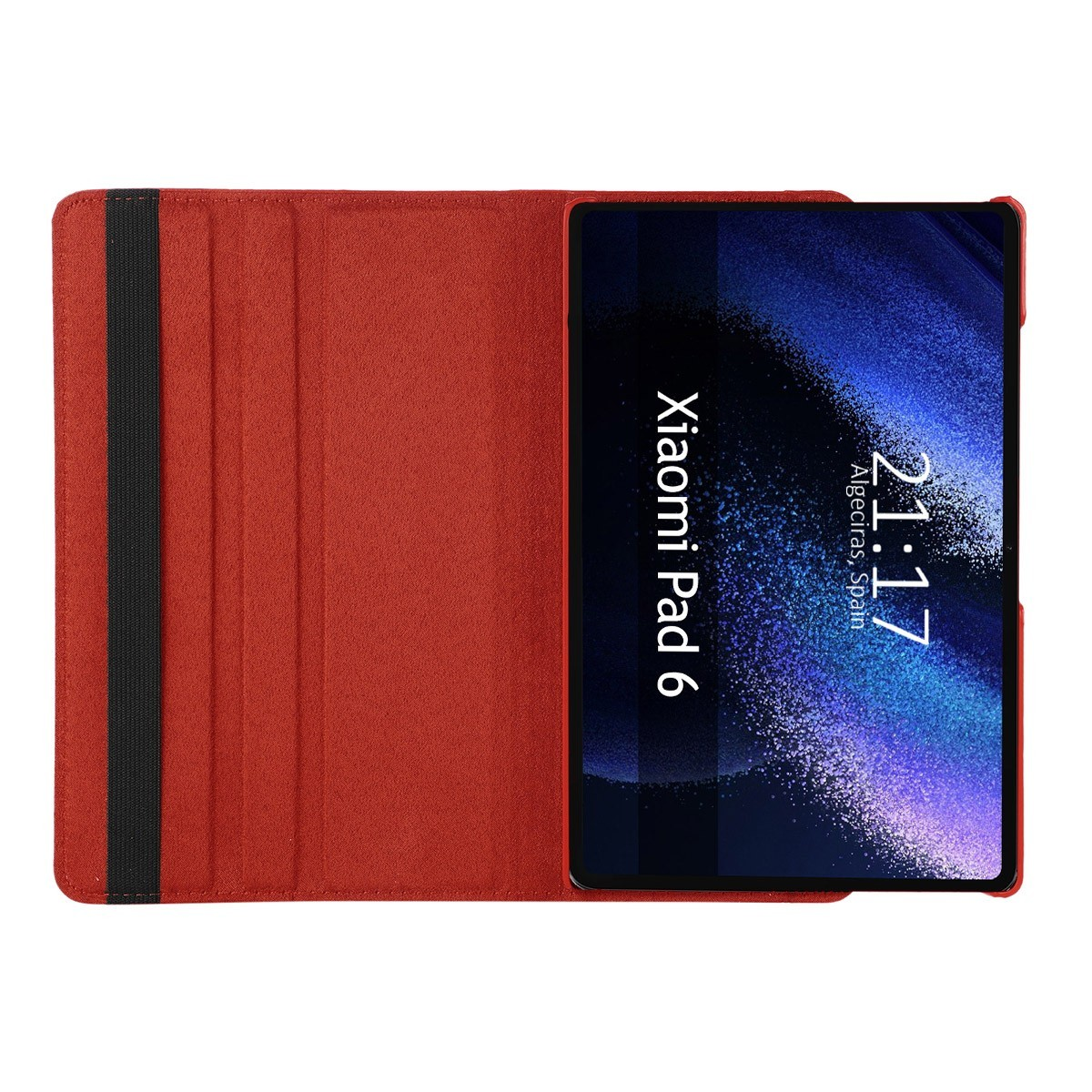 Funda de tableta roja abierta con una tableta mostrando la hora.