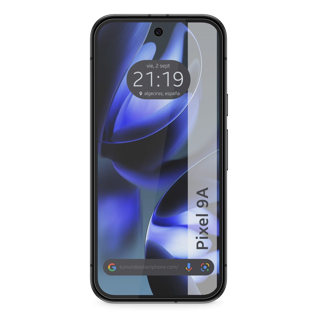 Smartphone con visualización de hora y ciudad. Teléfono negro.
