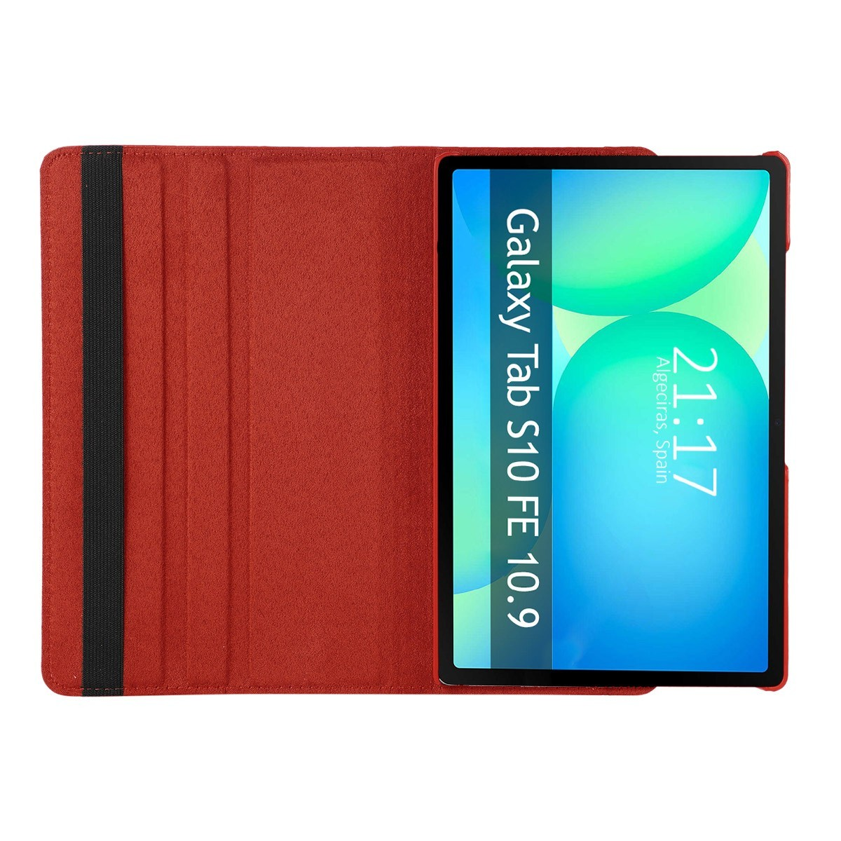 Tableta en funda roja. La pantalla muestra hora, fecha y texto "Galaxy Tab S10 FE 10.9".