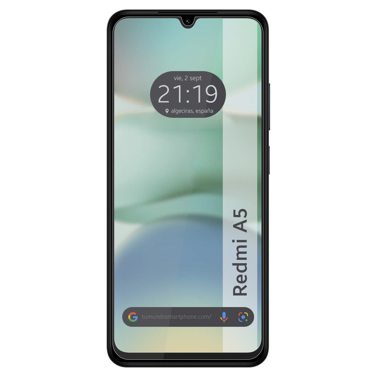 Telefono Redmi A5, nero, che mostra l'ora e la posizione sullo schermo, con sfondo semplice.
