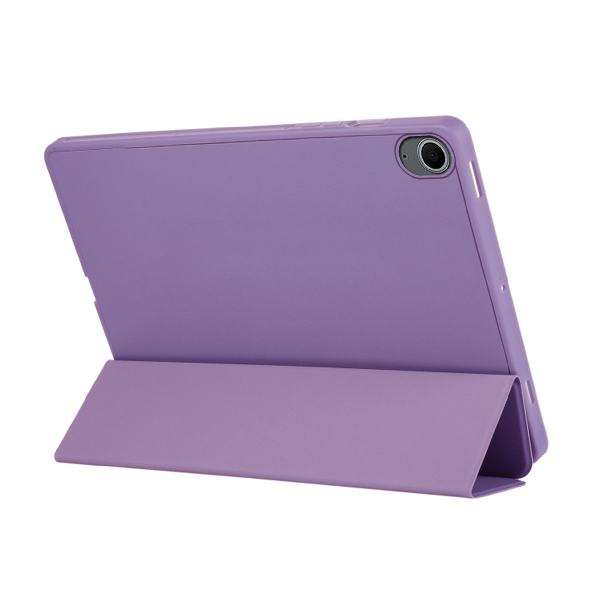 Funda de tableta morada, abierta. La tableta está dentro. Fondo blanco.