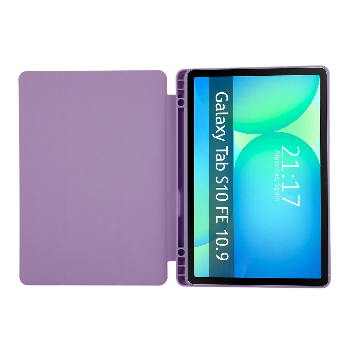 Funda de tableta morada abierta, mostrando una tableta con hora y lugar.