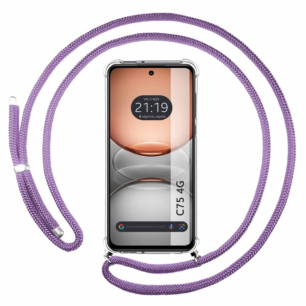 Telefono viola con cordino su sfondo bianco.
