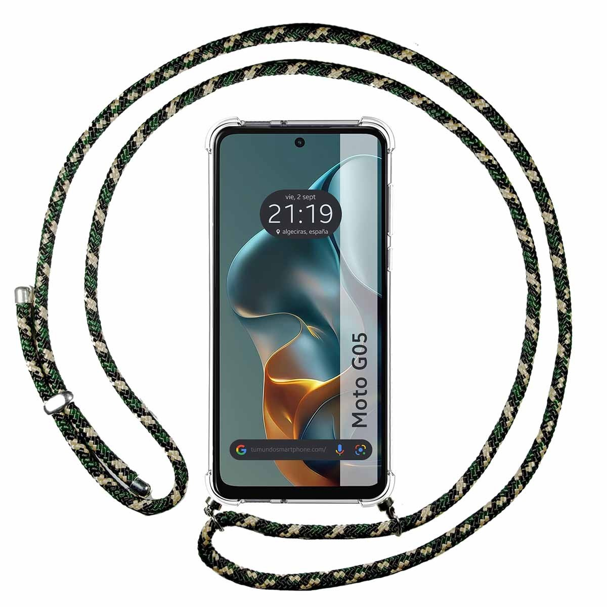 Smartphone con cordino. Cordino mimetico attorno al telefono. Sfondo bianco.