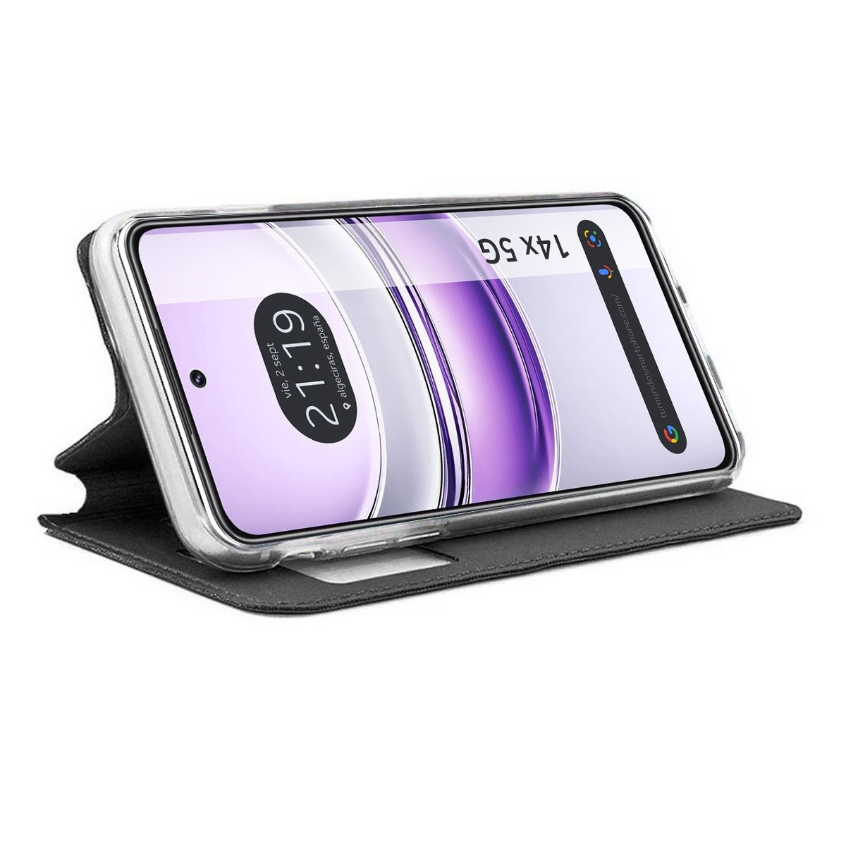 Smartphone con custodia. Lo schermo mostra l'ora e uno sfondo viola.