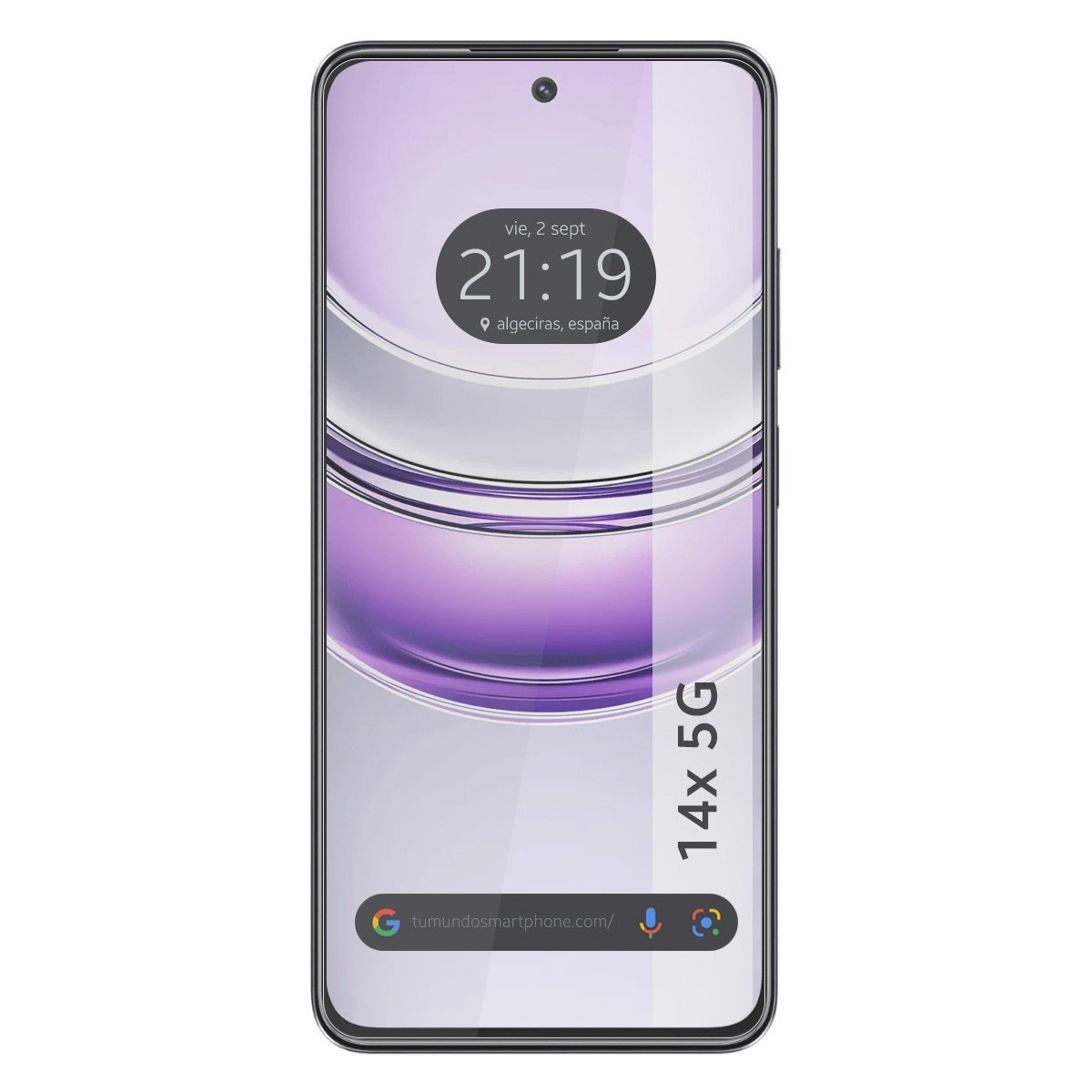 Schermo del telefono che mostra ora e luogo. Il telefono ha il testo 14x 5G sul lato.