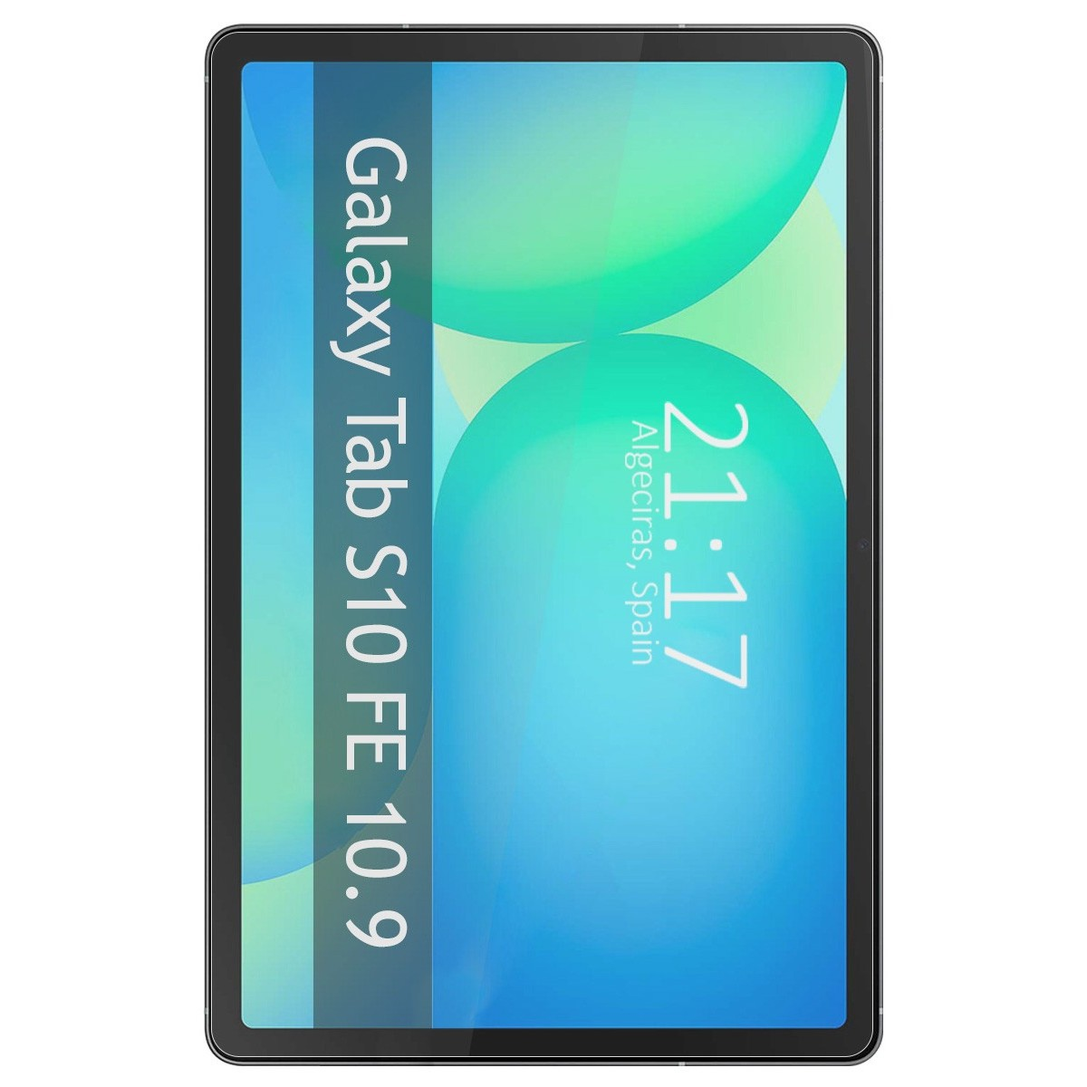 Pantalla de tableta mostrando la hora, con texto 'Galaxy Tab S10 FE 10.9'.