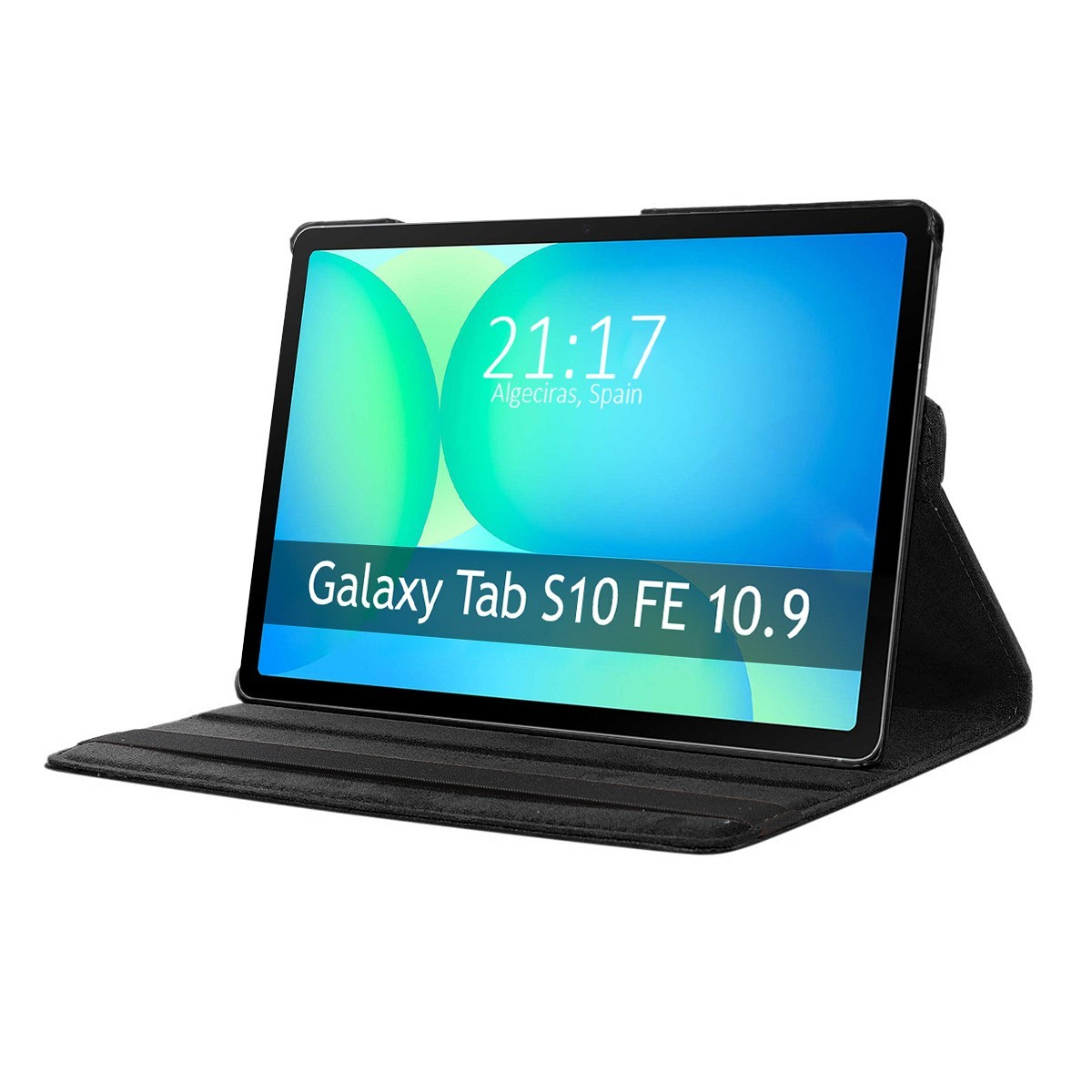 Una tableta negra en una funda negra, con la pantalla mostrando la hora y la ubicación.