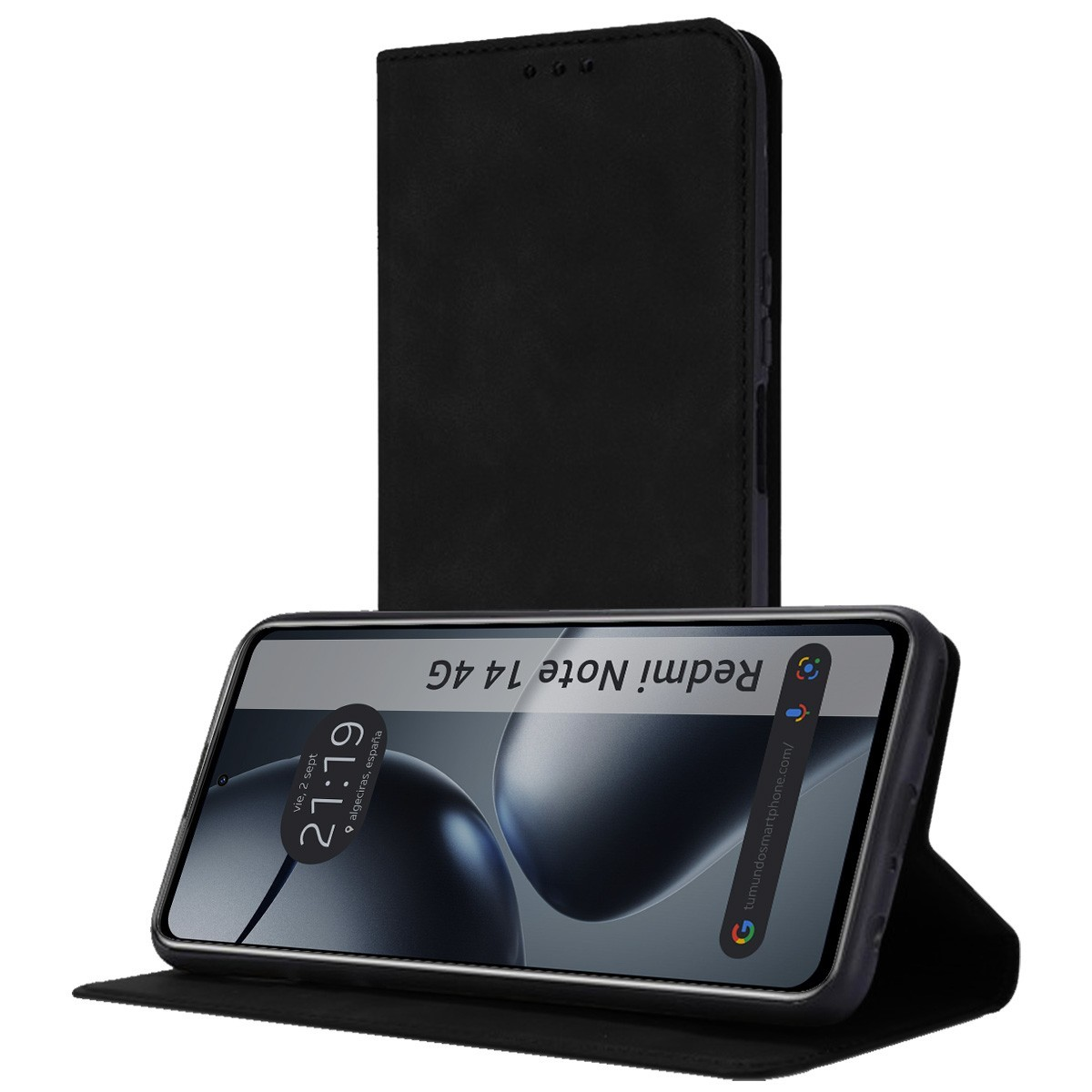 Telefono nero in custodia nera, su supporto. Lo schermo mostra Redmi Note 14 4G.
