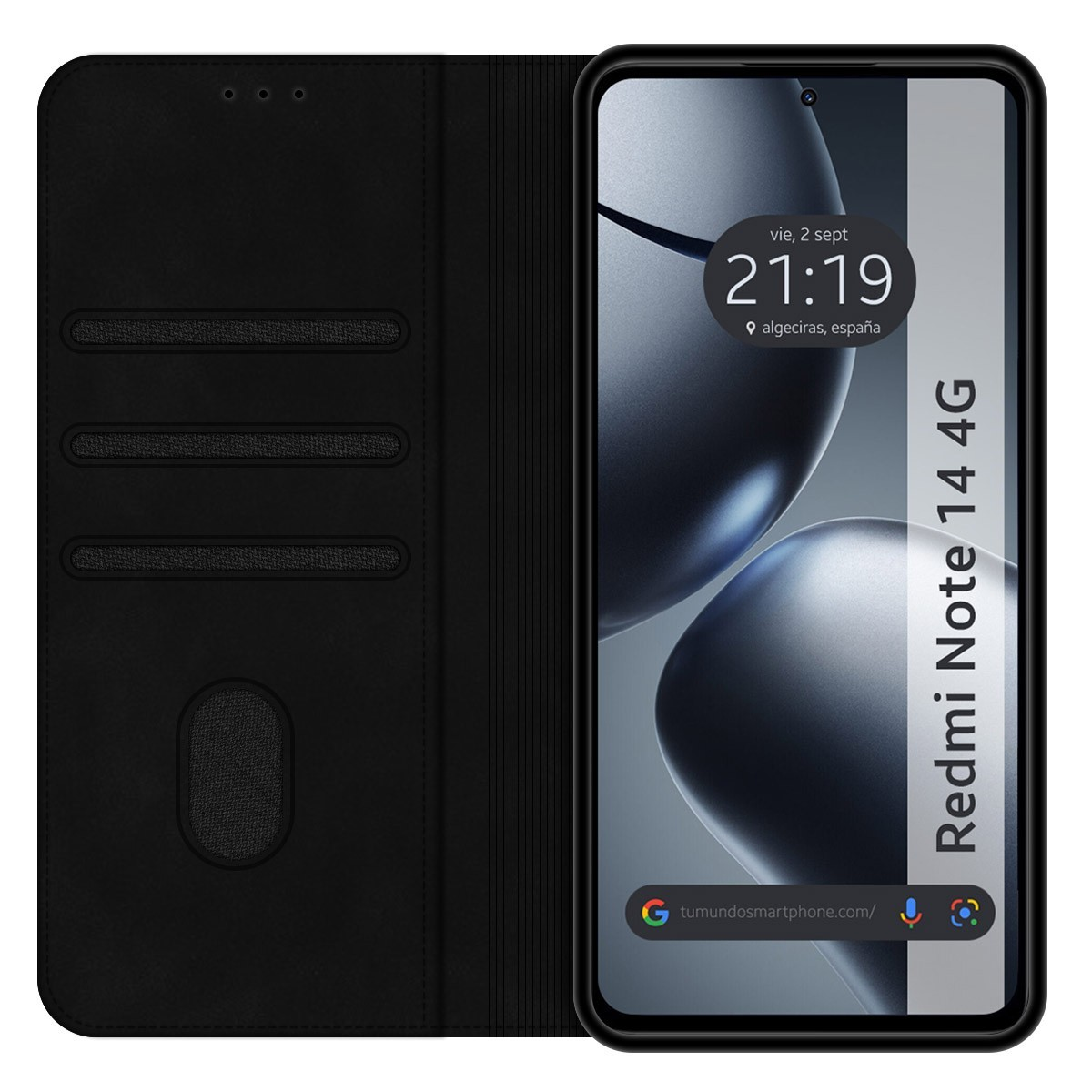 Custodia per telefono nera con design a portafoglio. Lo schermo mostra data e ora e il testo "Redmi Note 14 4G".