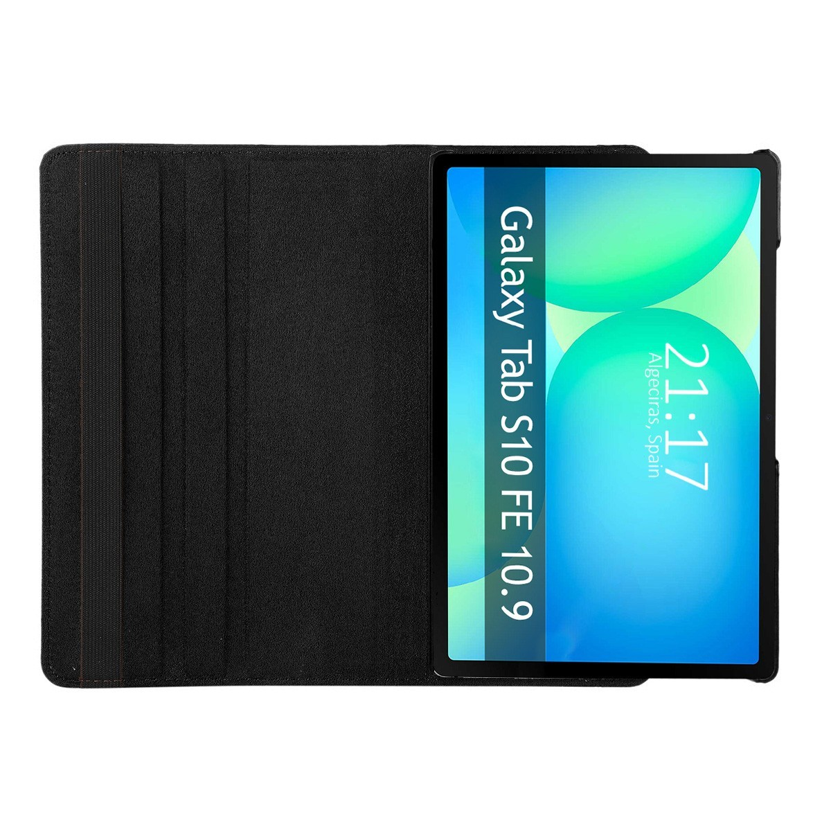 Tableta en un estuche negro, mostrando la hora y la fecha.