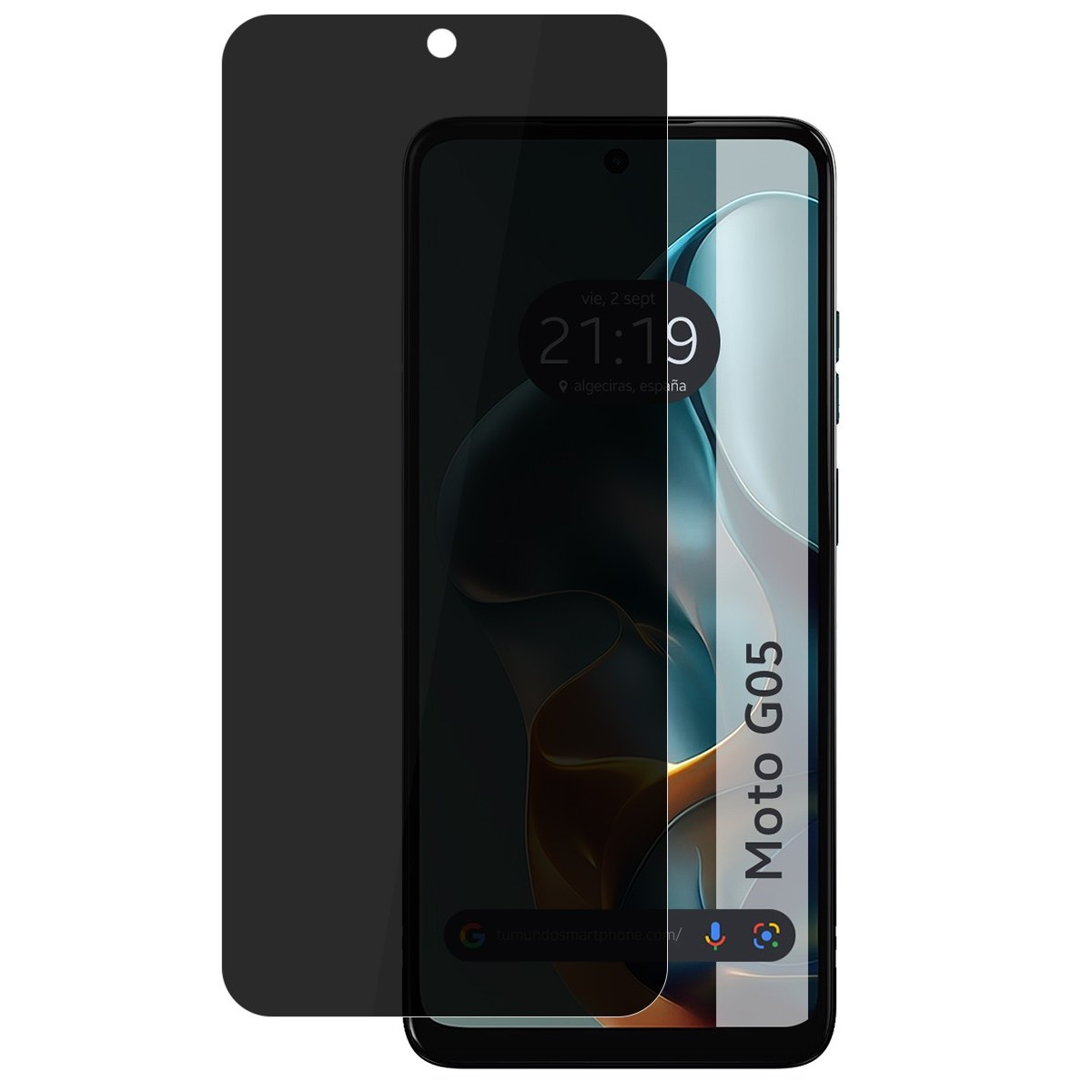 Smartphone con protezione schermo, mostra ora e posizione.