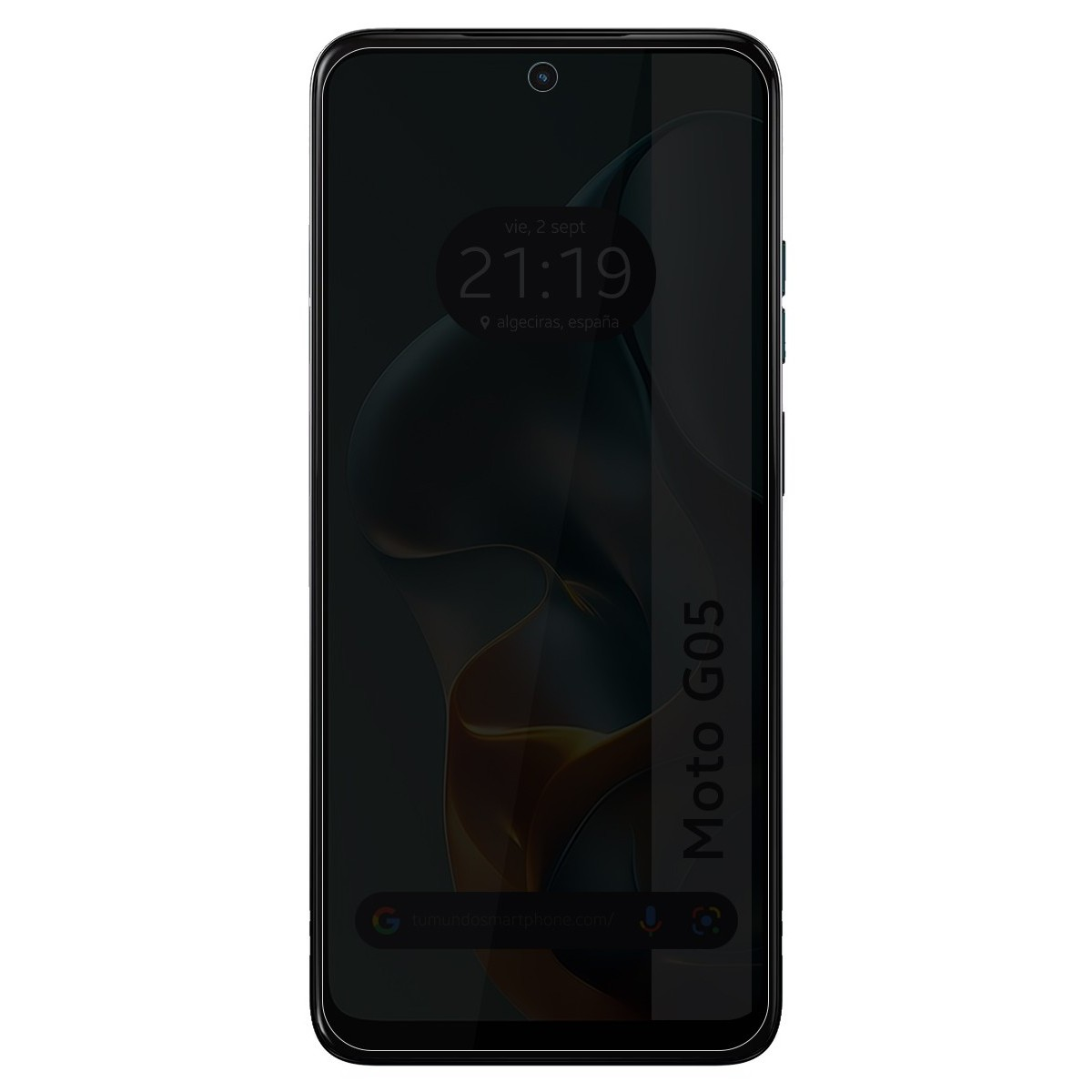 Lo schermo del telefono mostra l'ora e la data. Il telefono è nero con una fotocamera in alto.