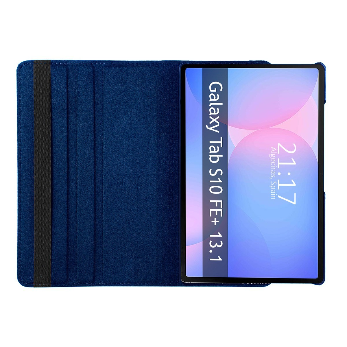 Tableta en funda azul mostrando pantalla con hora.