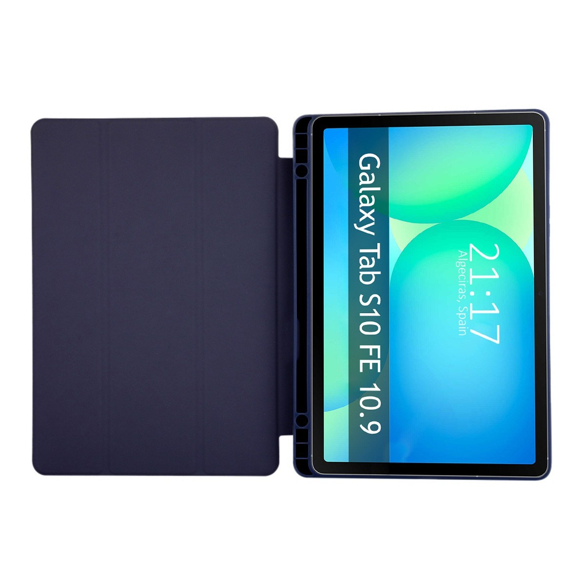 Tableta con pantalla azul, mostrando la hora y texto 'Galaxy Tab S10 FE 10.9', con funda azul.