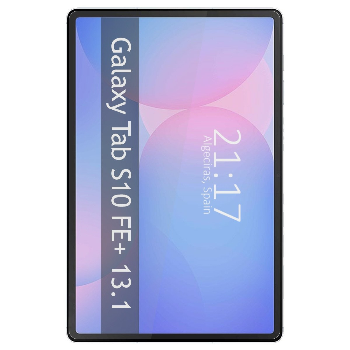 Una tableta que muestra la hora y un fondo azul y rosa.