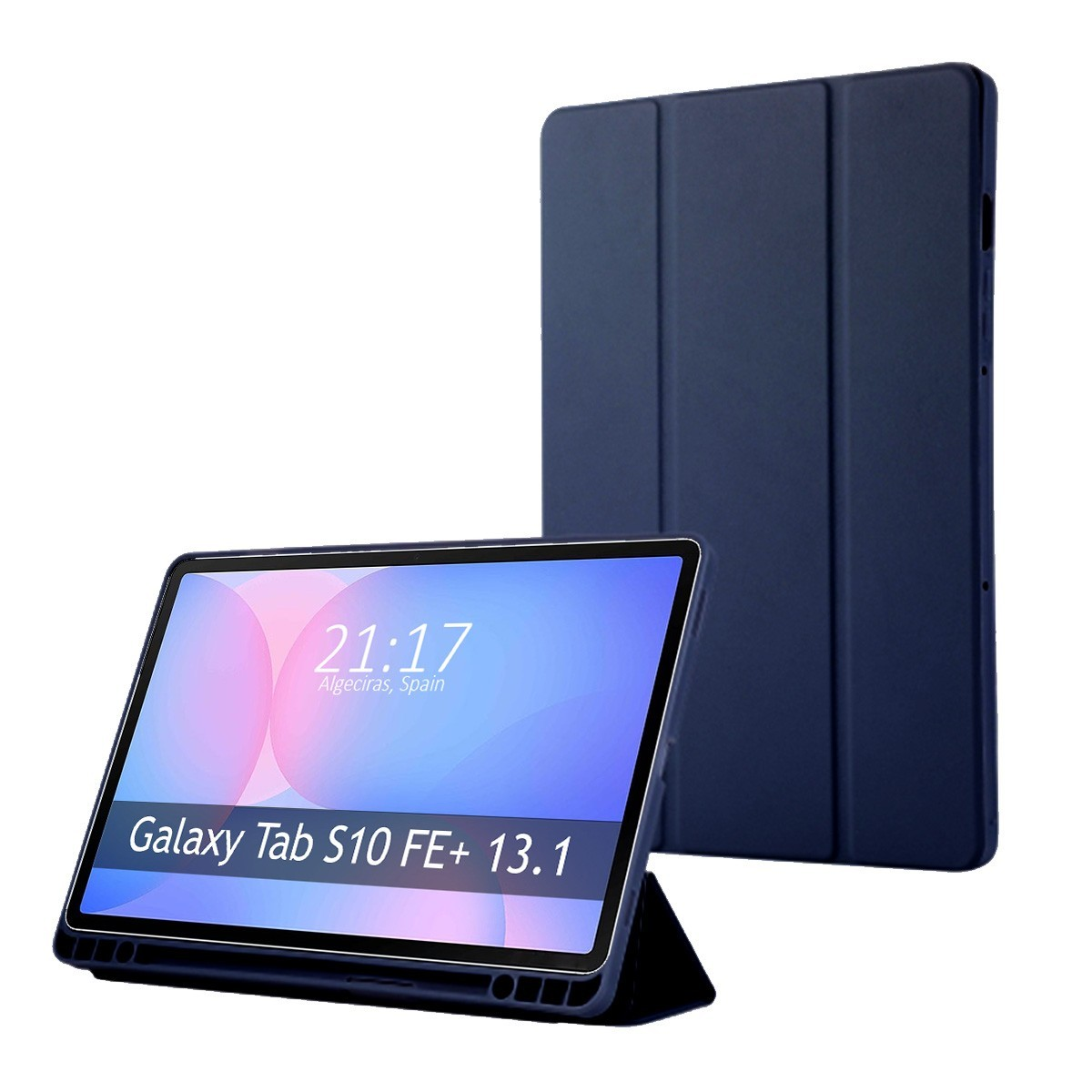 Tablet con custodia blu, mostra ora e posizione sullo schermo.
