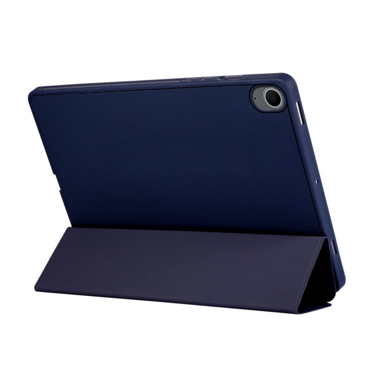 Un tablet blu in una custodia blu, appoggiato sulla sua cover.