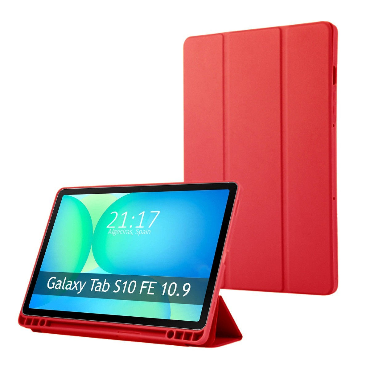 Tableta Samsung Galaxy roja con cubierta roja. La pantalla muestra la hora y la ubicación.