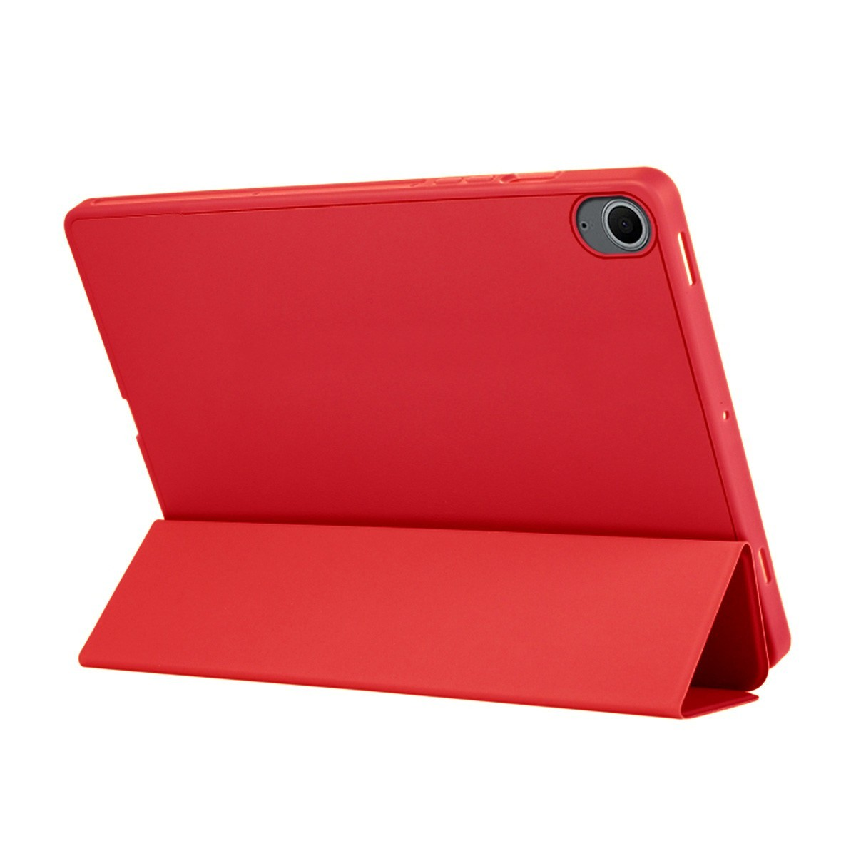 Una tableta roja en una funda roja, abierta con soporte.