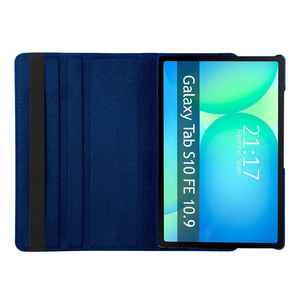 Tableta azul en una funda azul, con una banda elástica negra. La pantalla muestra la hora y ubicación.