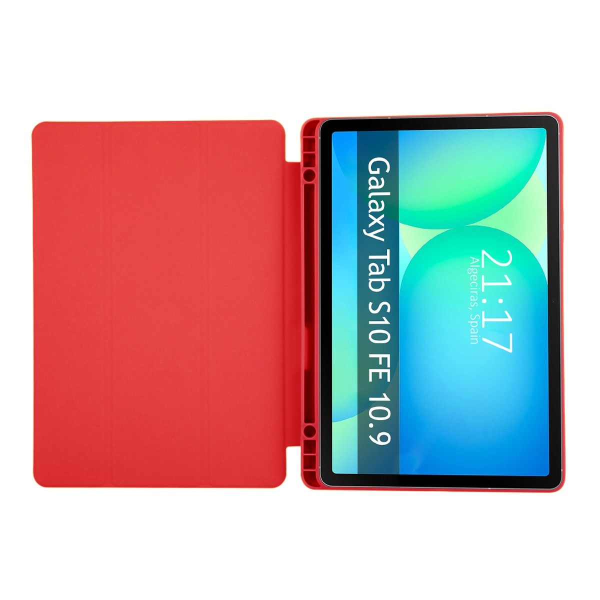 Funda de tableta roja abierta, mostrando una tableta que muestra la hora, la fecha y 'Galaxy Tab S10 FE 10.9'.