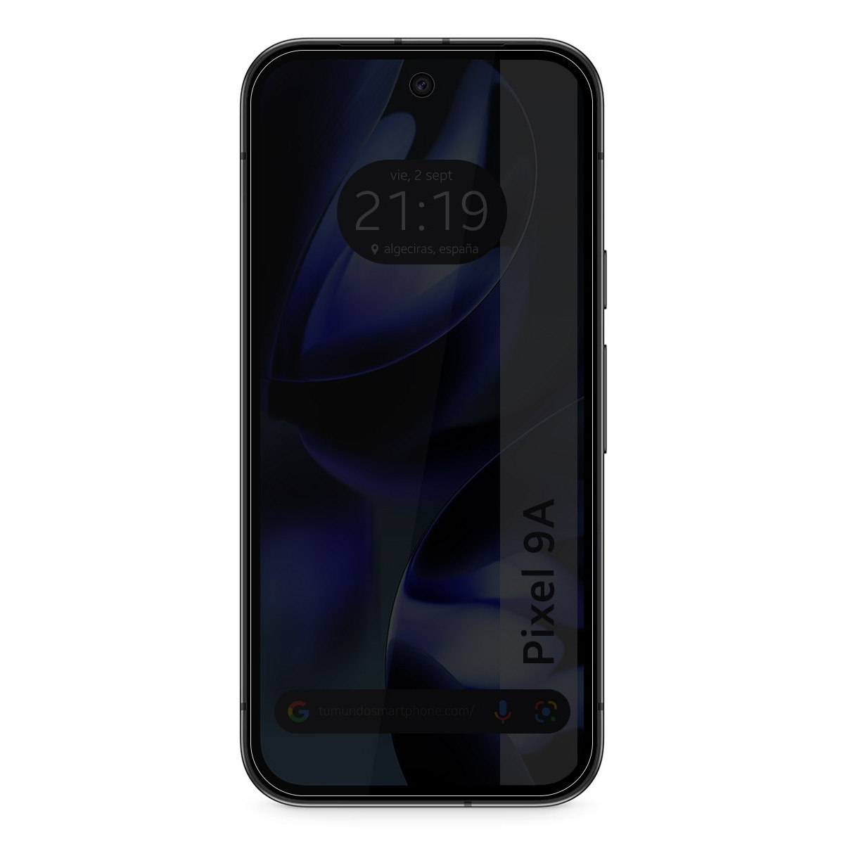 Una pantalla de teléfono que muestra la hora y la ubicación. El teléfono es negro con una funda negra.