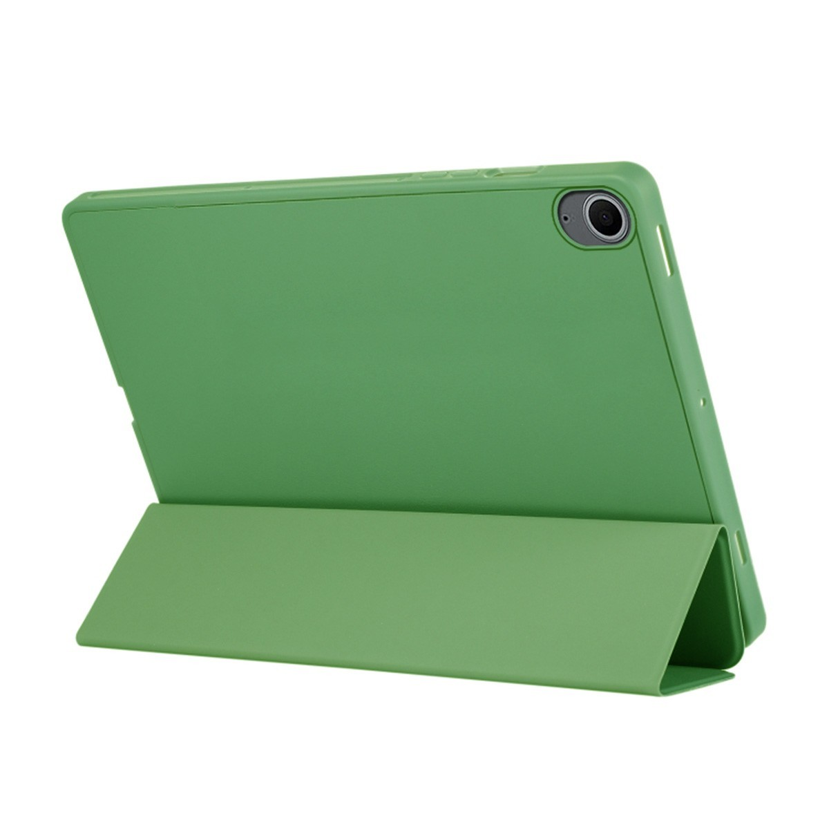 Tableta verde en una funda verde, plegada para sostenerse en posición vertical, con una cámara en la parte superior.