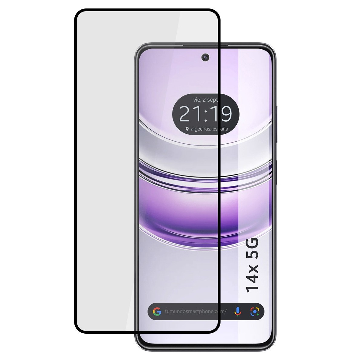 Telefono con protezione schermo, mostra l'ora: 21:19, Algeciras, Spagna, e il testo 14x 5G.