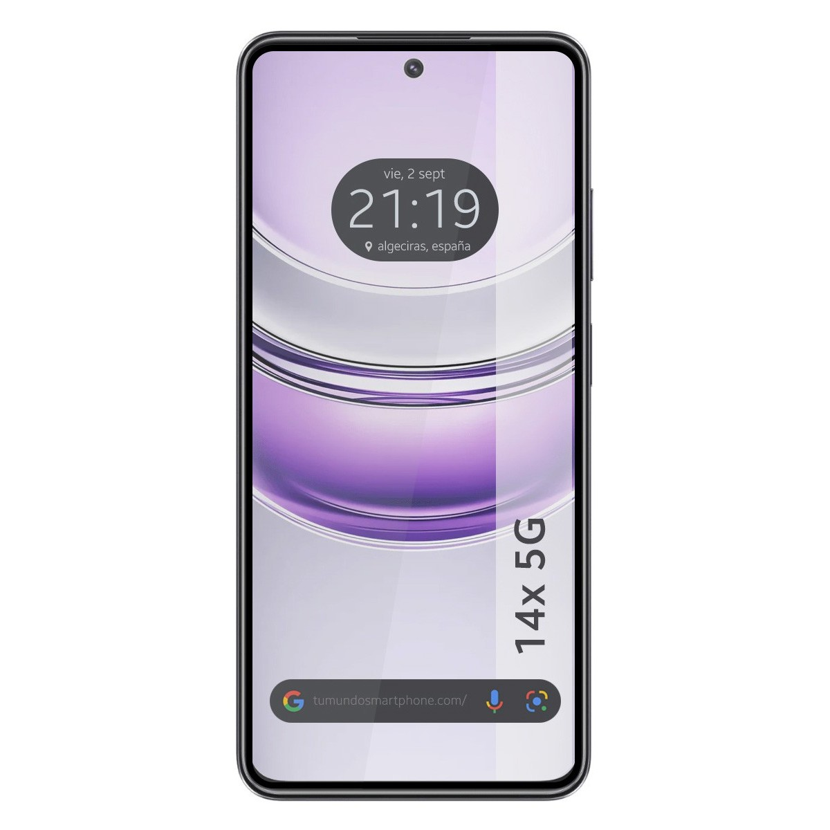 Schermo del telefono che mostra l'ora, con il testo '14x 5G'.