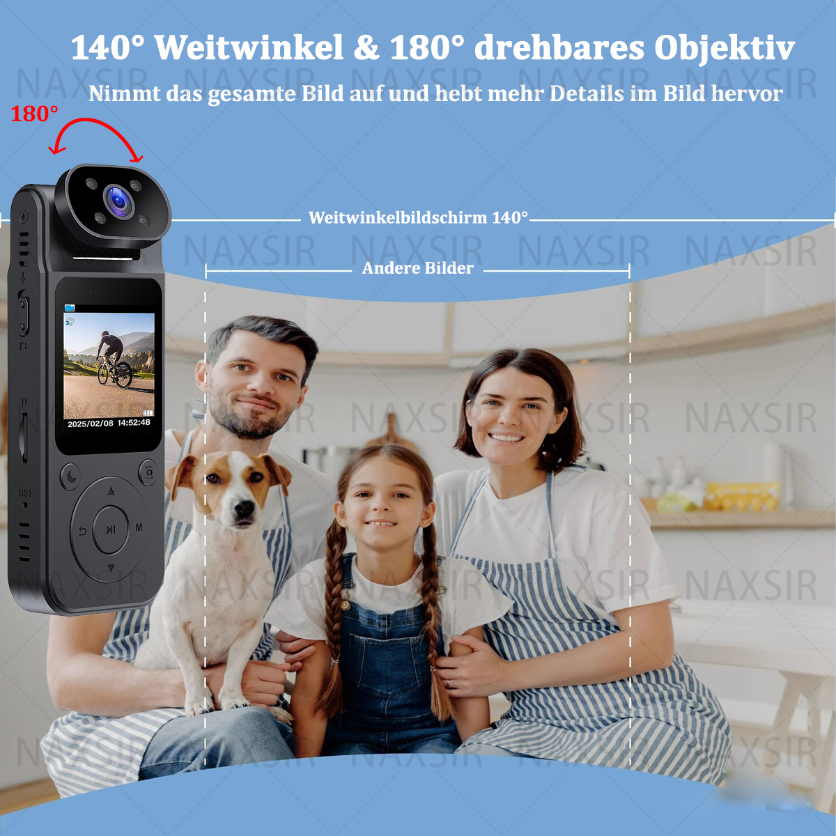 Familie macht ein Foto mit einer Kamera. Ein Hund ist vor der Kamera. Text ist auf Deutsch.