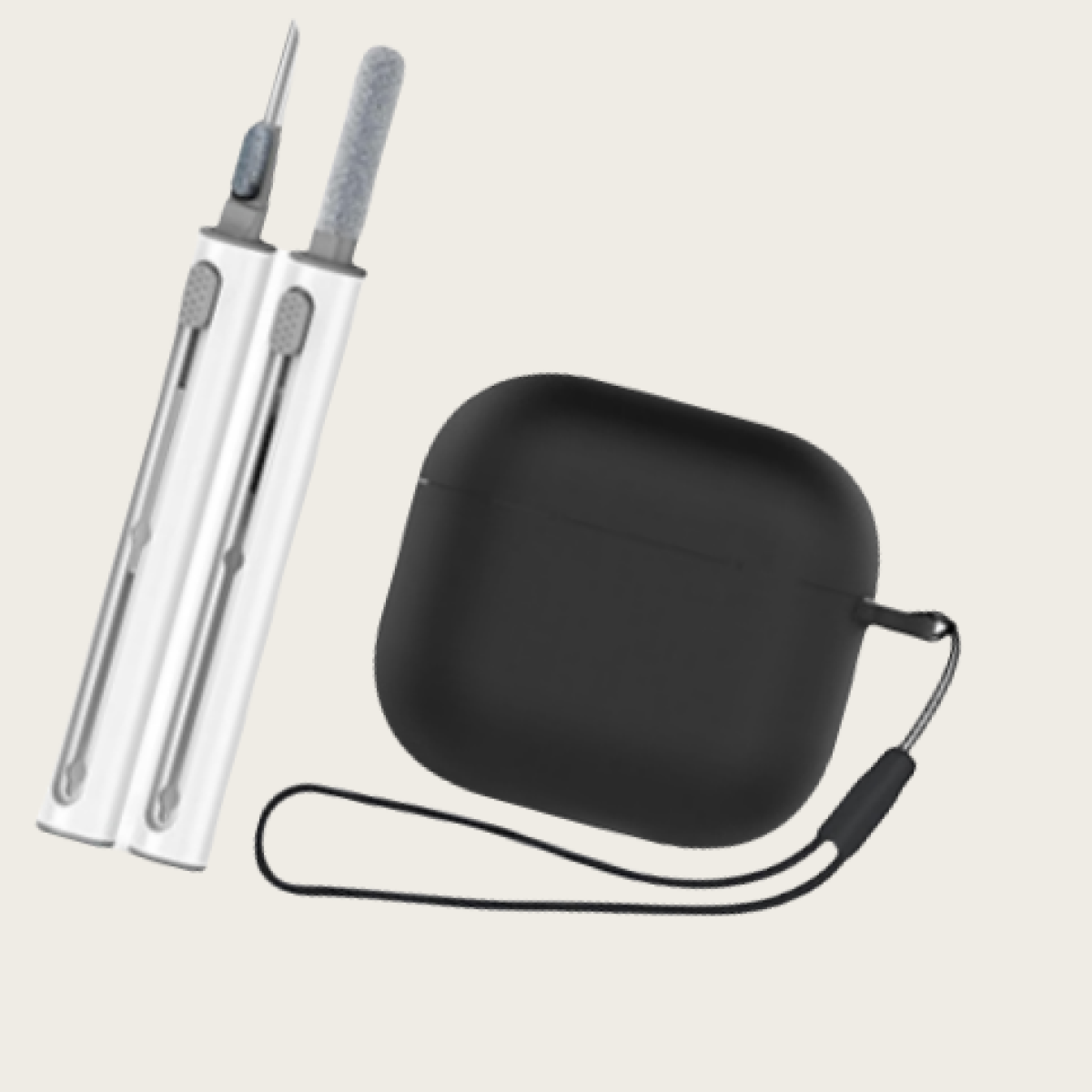 Weiße und silberne Reinigungswerkzeuge und ein schwarzes Etui für Ohrhörer.