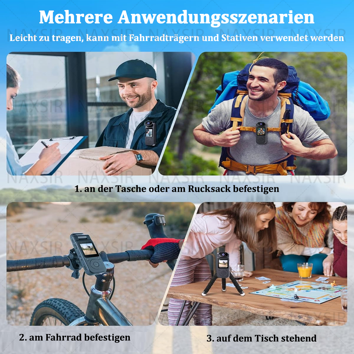Mehrere Bilder zeigen eine Kamera in Gebrauch an einer Tasche, einem Fahrrad und einem Tisch.