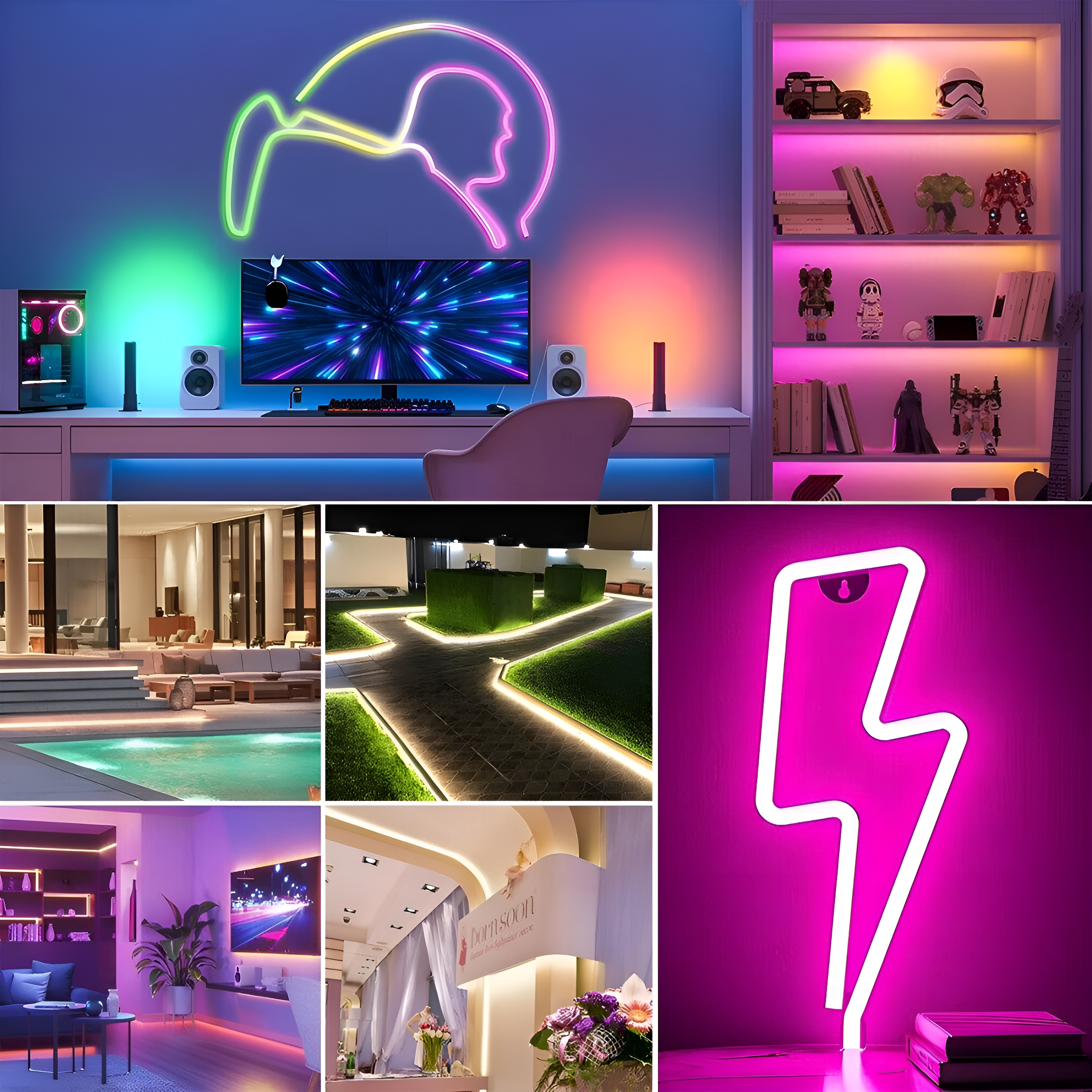 Mehrere Innenszenen mit Neonlichtern. Räume mit farbigen Lichtern und Designelementen.