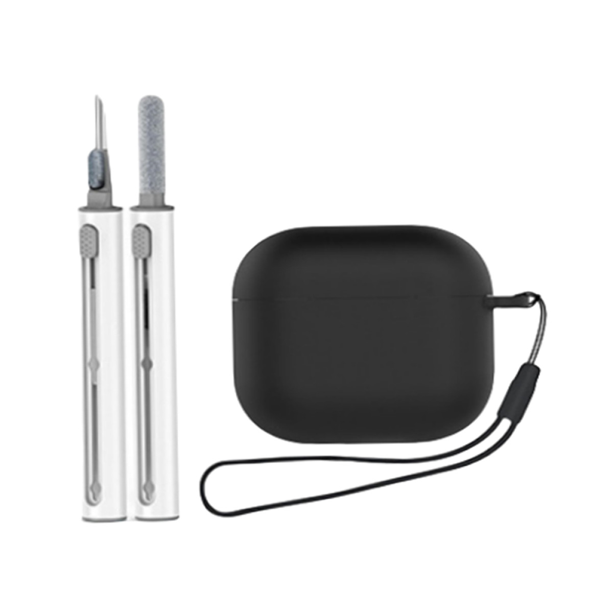 Weiße und silberne Reinigungsutensilien, schwarzes Etui mit Riemen. Alles vor weißem Hintergrund.
