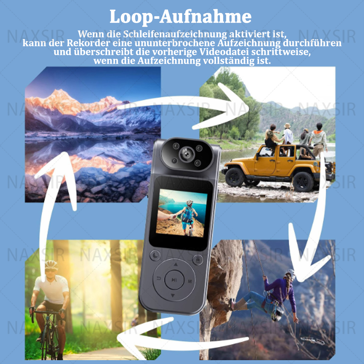 Ein Diagramm, das eine Kamera mit Loop-Aufnahme zeigt, Szenen von Personen beim Radfahren, Klettern und Jeep-Fahren.