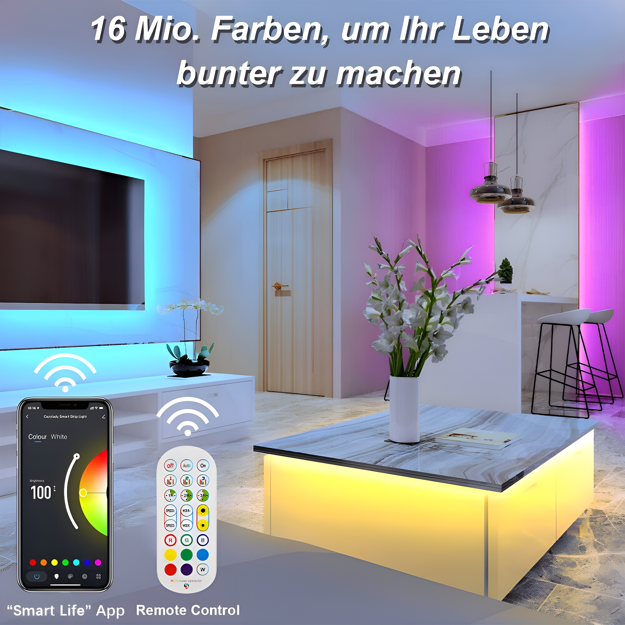 Ein Wohnzimmer mit farbenfroher LED-Beleuchtung, einem Sofa, einem Couchtisch und Smart-Home-Geräten.
