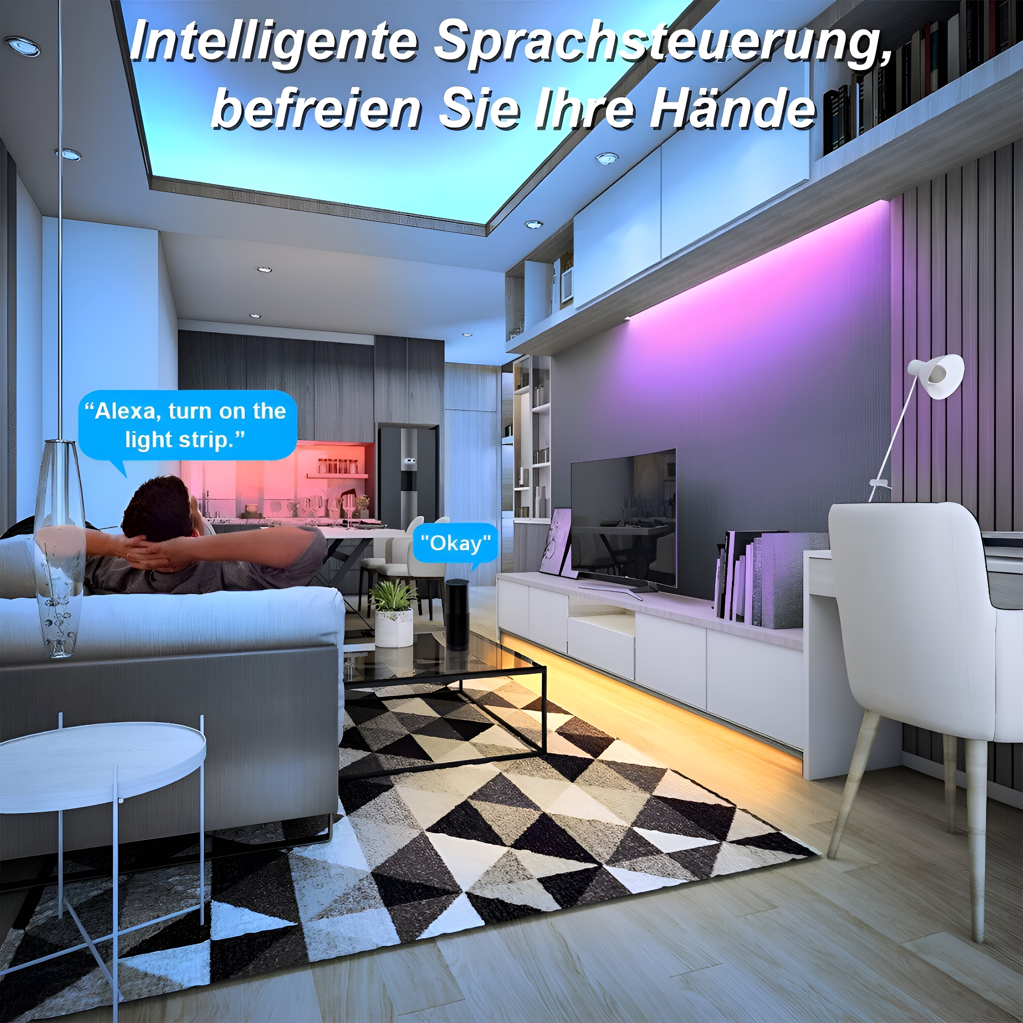 Wohnzimmer mit Mann auf dem Sofa, der über Sprachsteuerung mit intelligenter Beleuchtung interagiert.