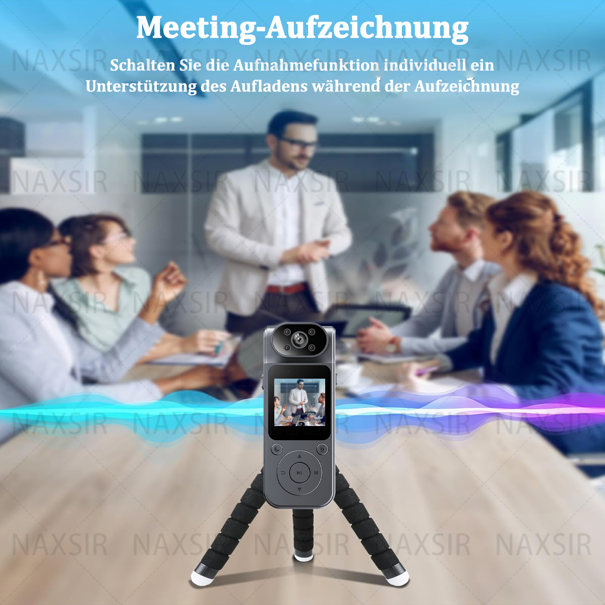 Besprechungsaufzeichnungsszene mit einer Handkamera auf einem Stativ, Personen im Hintergrund.