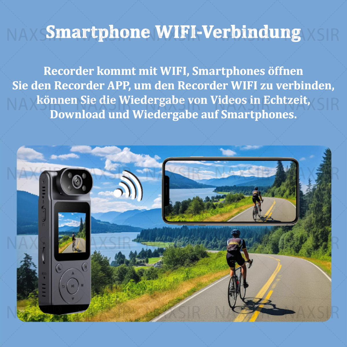 Bild zeigt einen Bildschirm mit Text und einem Radfahrer auf einer Straße.