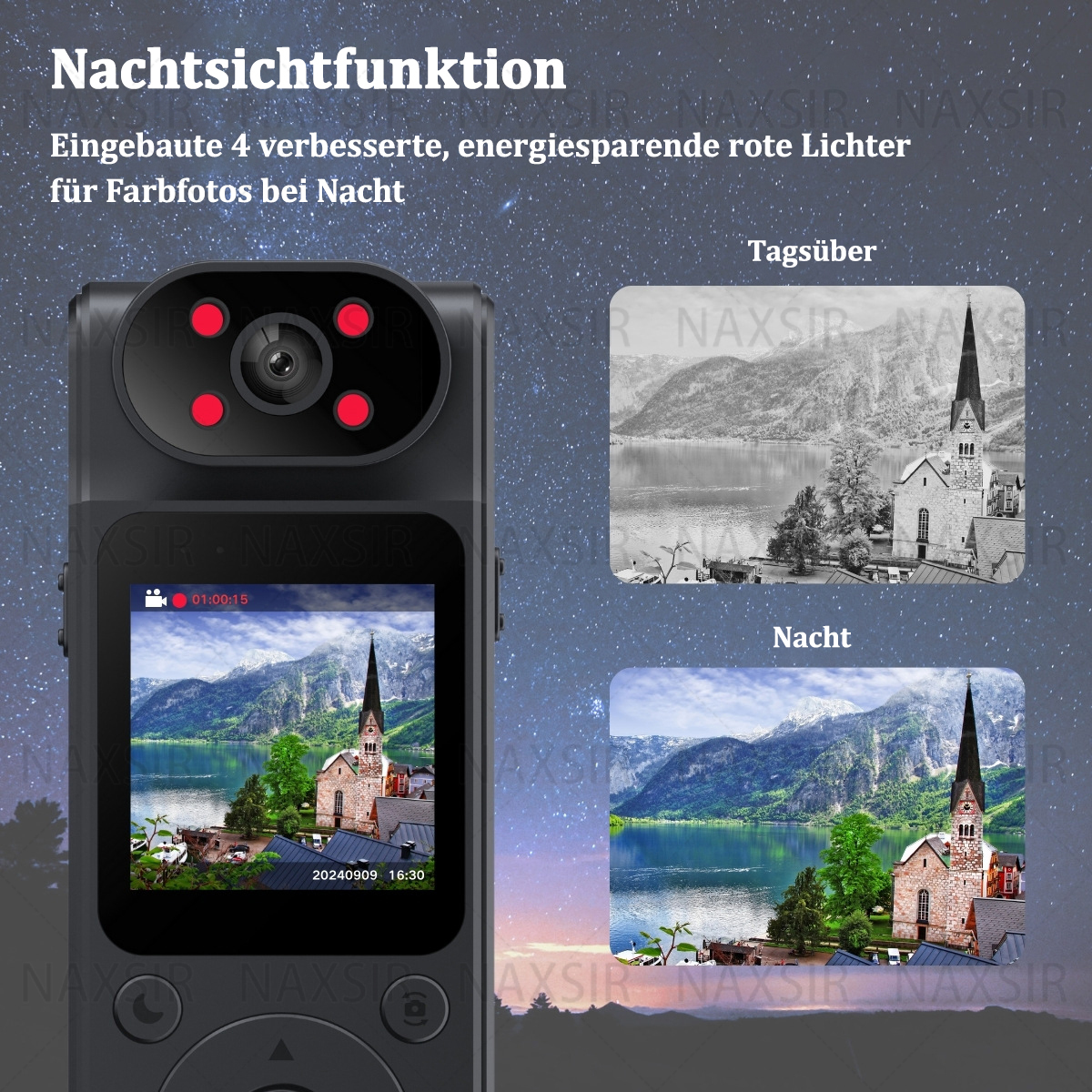 Nachtsichtkamera mit Display, zeigt Nacht- und Tagbilder.
