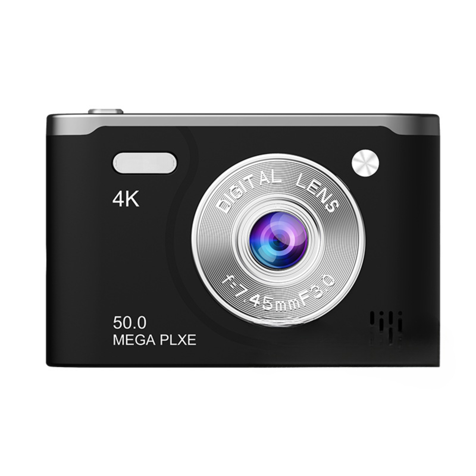 Schwarze 4K-Digitalkamera mit silbernem Objektiv und mehreren Knöpfen.