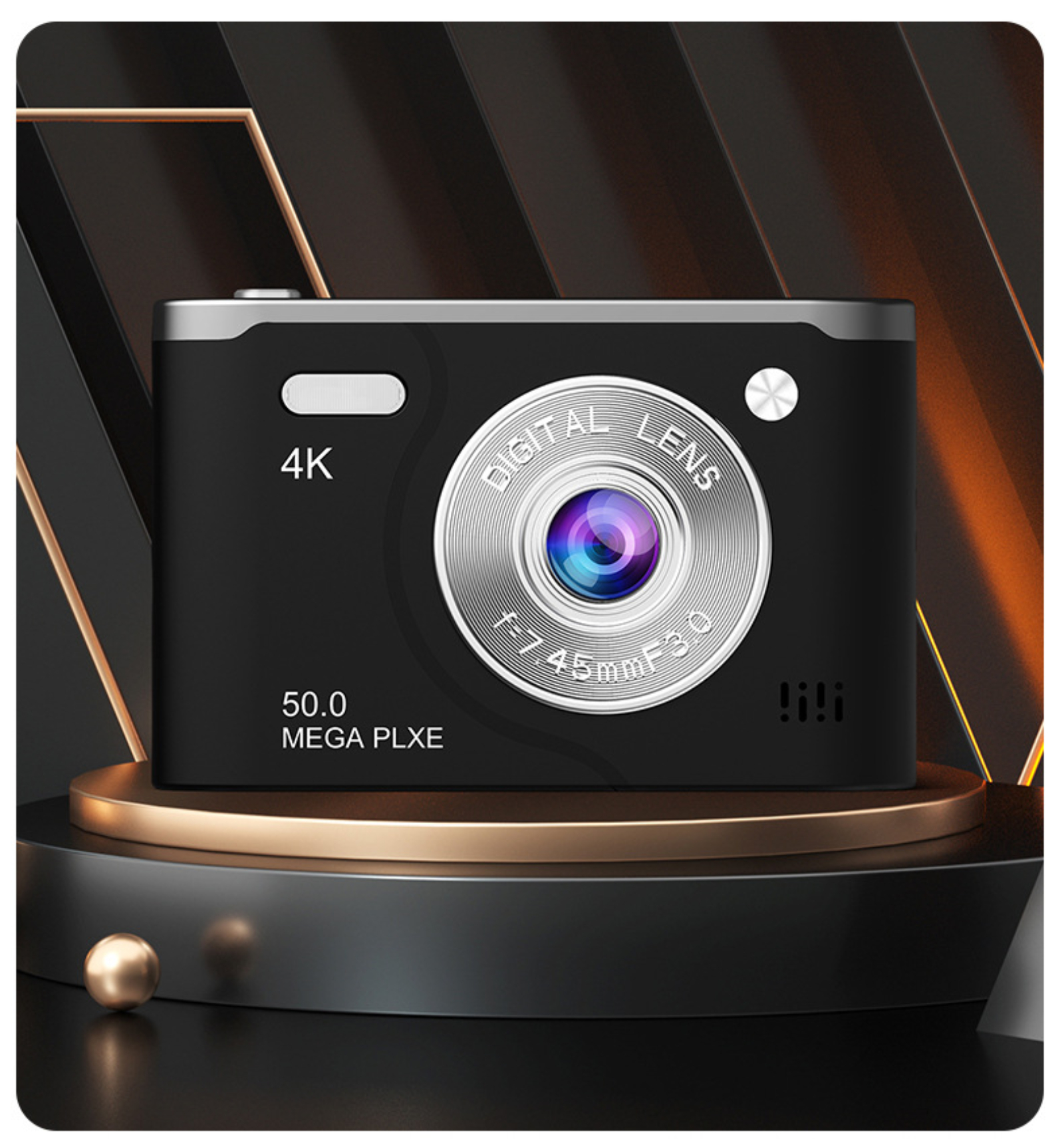 Eine schwarze Digitalkamera auf einem goldenen Ständer, mit dunklem Hintergrund. Sie zeigt 4K und 50.0 MEGA PLXE.
